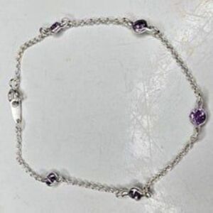 SU Sunstone Imports 925 Purple CZ & Silver Tone Chain Station Style Bracelet 8"L